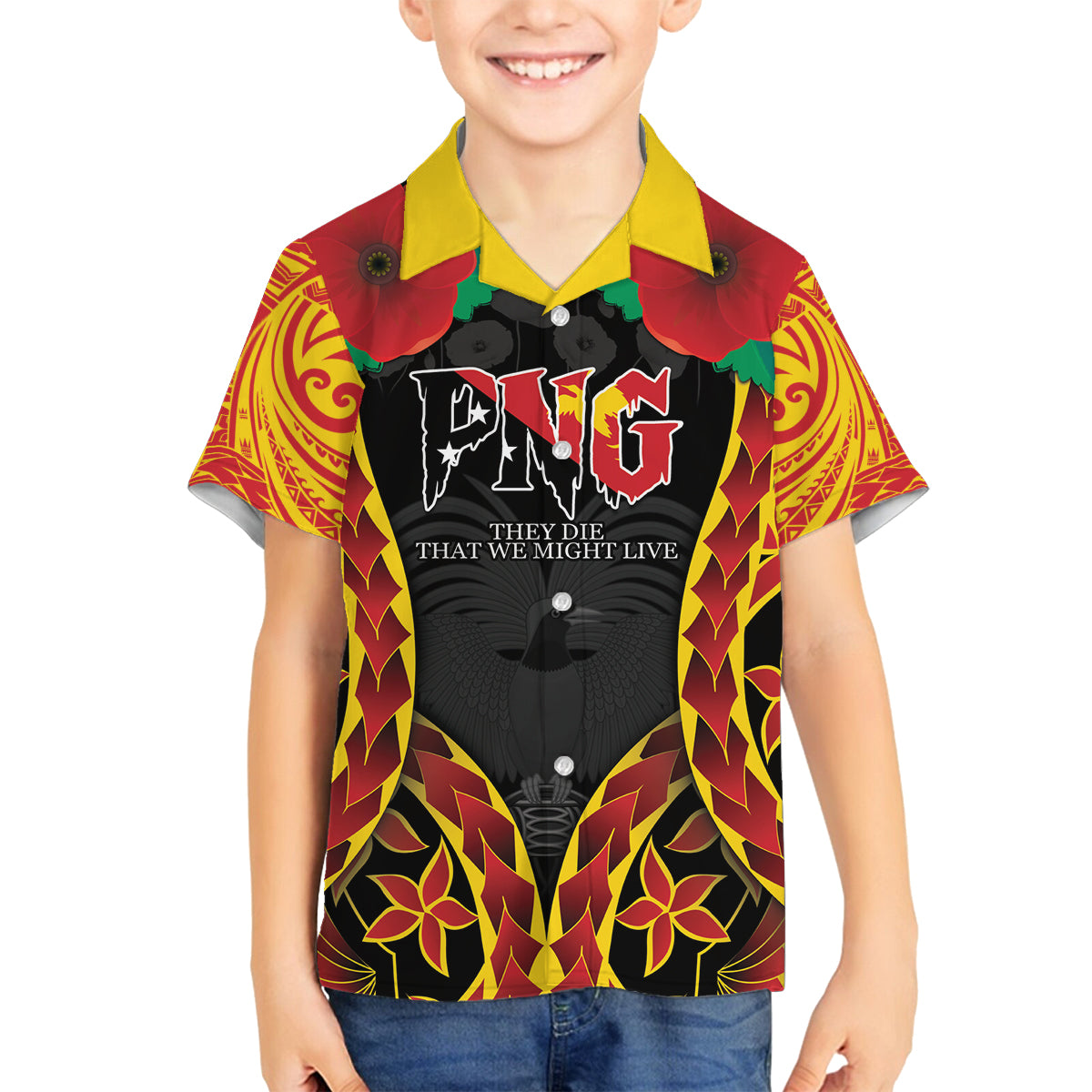Personalised Papua New Guinea Remembrance Day Family Matching Off Shoulder Short Dress and Hawaiian Shirt LT9 Son's Shirt Red - Polynesian Pride