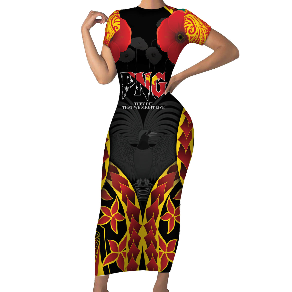 Personalised Papua New Guinea Remembrance Day Family Matching Short Sleeve Bodycon Dress and Hawaiian Shirt LT9 Mom's Dress Red - Polynesian Pride
