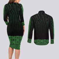 New Zealand Maori Kowhaiwhai Couples Matching Long Sleeve Bodycon Dress and Long Sleeve Button Shirt Kakariki Maui and Mangopare LT9 - Polynesian Pride