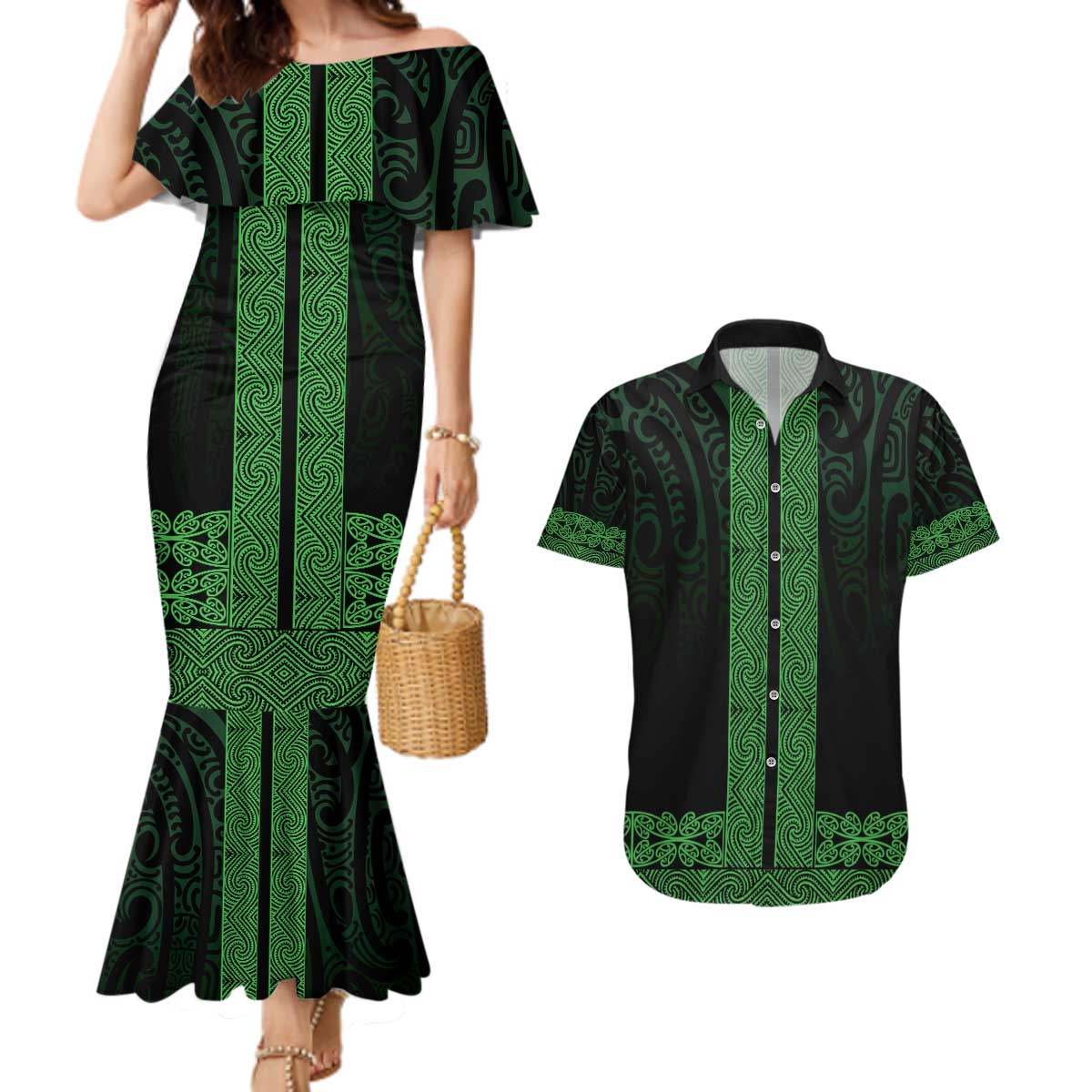 New Zealand Maori Kowhaiwhai Couples Matching Mermaid Dress and Hawaiian Shirt Kakariki Maui and Mangopare