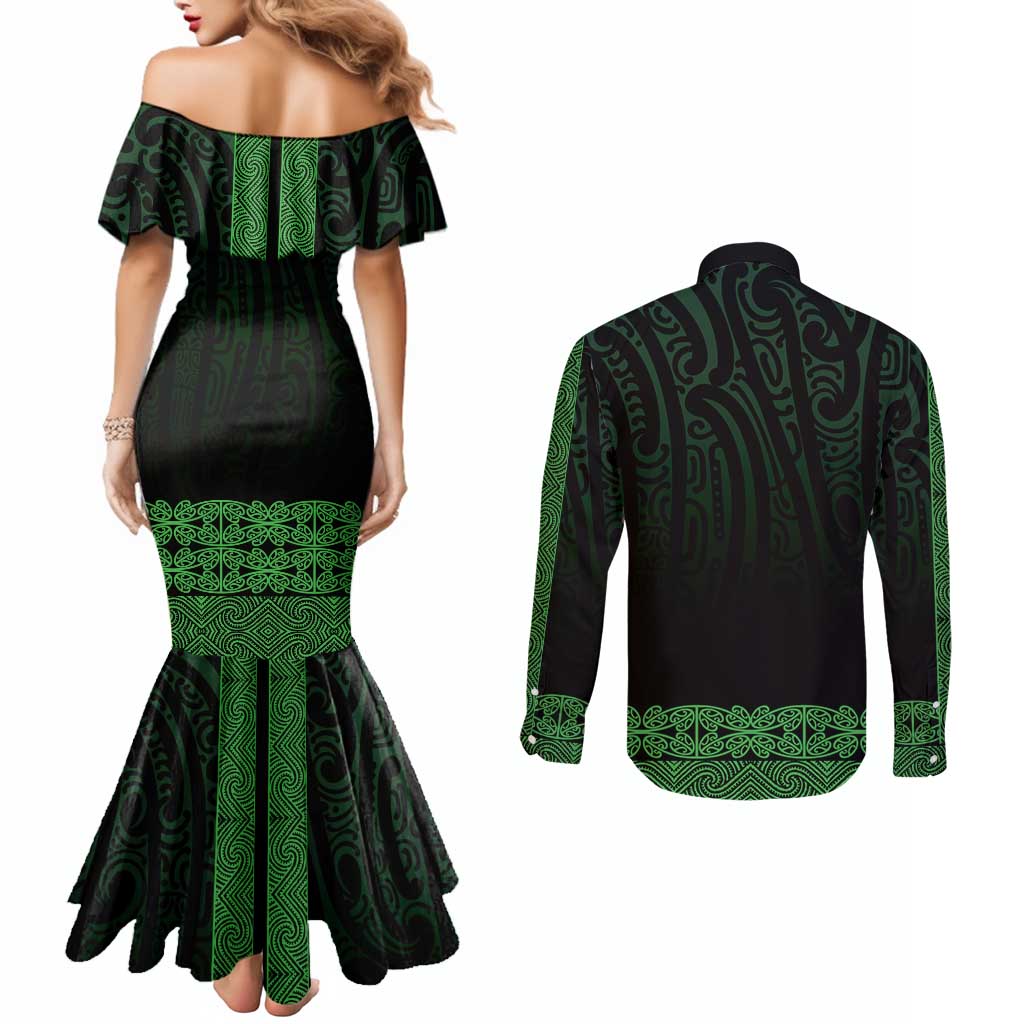 New Zealand Maori Kowhaiwhai Couples Matching Mermaid Dress and Long Sleeve Button Shirt Kakariki Maui and Mangopare LT9 - Polynesian Pride