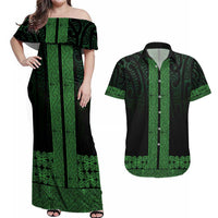 New Zealand Maori Kowhaiwhai Couples Matching Off Shoulder Maxi Dress and Hawaiian Shirt Kakariki Maui and Mangopare LT9 Green - Polynesian Pride