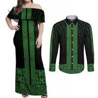 New Zealand Maori Kowhaiwhai Couples Matching Off Shoulder Maxi Dress and Long Sleeve Button Shirt Kakariki Maui and Mangopare LT9 Green - Polynesian Pride
