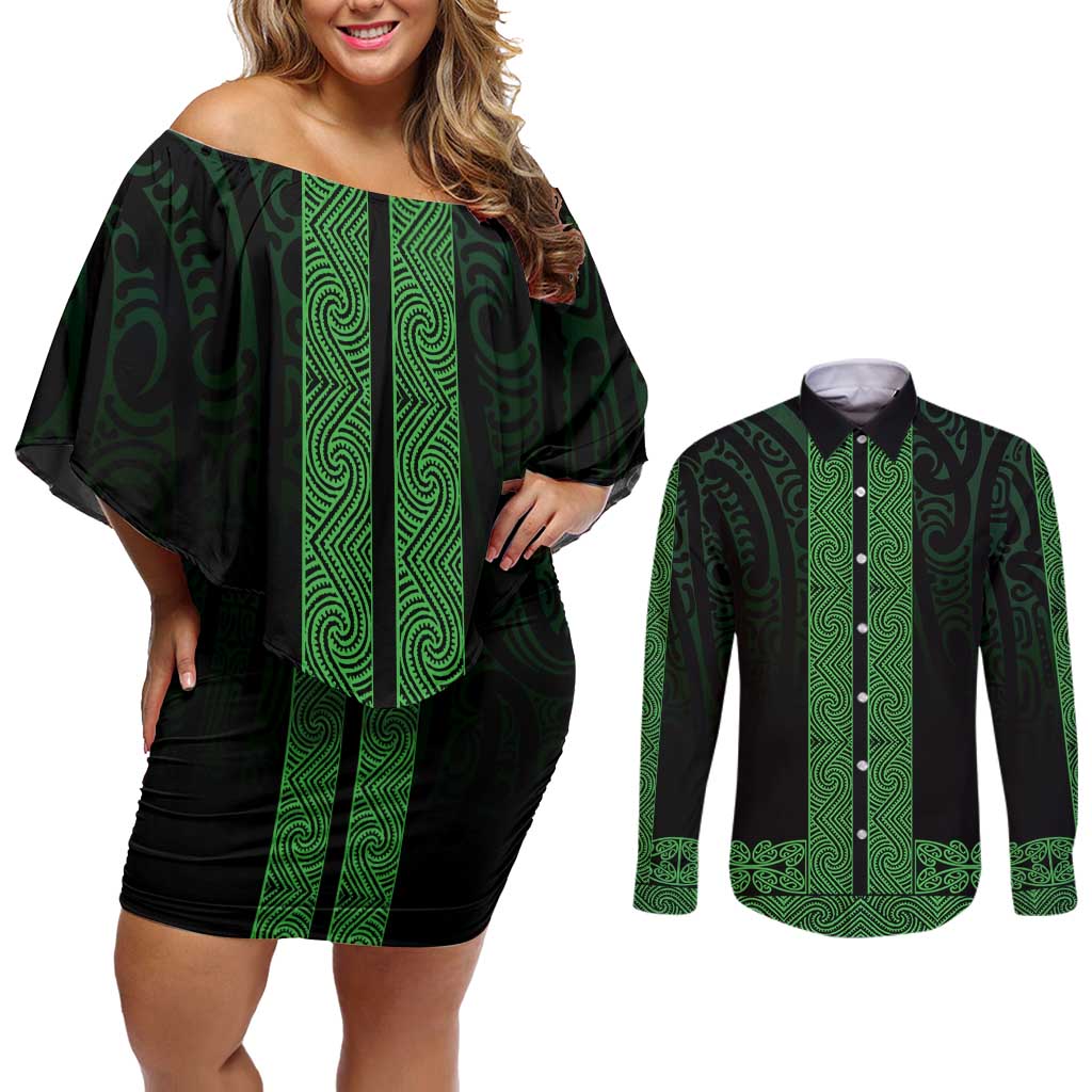 New Zealand Maori Kowhaiwhai Couples Matching Off Shoulder Short Dress and Long Sleeve Button Shirt Kakariki Maui and Mangopare LT9 Green - Polynesian Pride