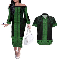 New Zealand Maori Kowhaiwhai Couples Matching Off The Shoulder Long Sleeve Dress and Hawaiian Shirt Kakariki Maui and Mangopare LT9 Green - Polynesian Pride