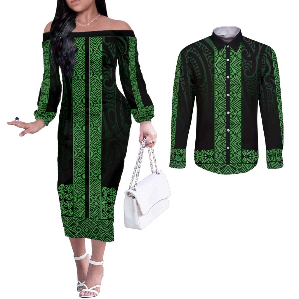 New Zealand Maori Kowhaiwhai Couples Matching Off The Shoulder Long Sleeve Dress and Long Sleeve Button Shirt Kakariki Maui and Mangopare LT9 Green - Polynesian Pride