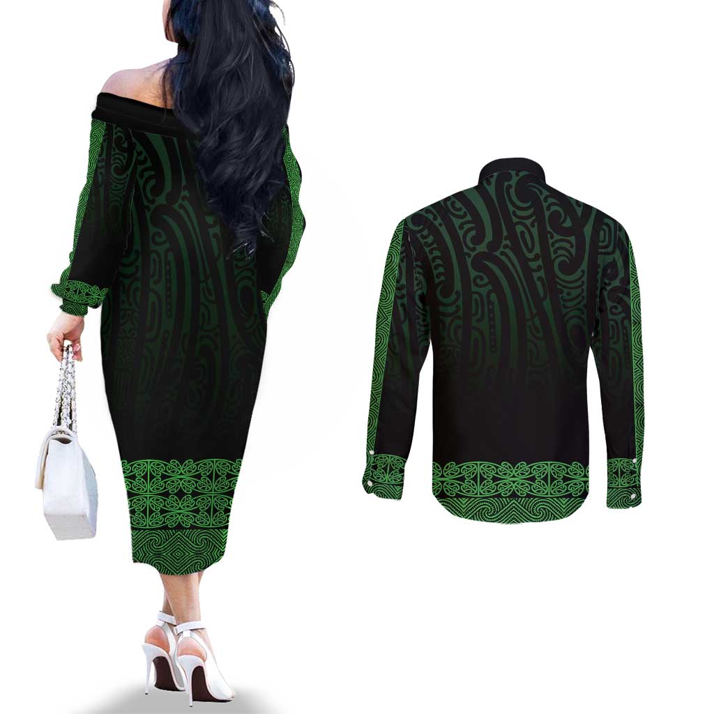 New Zealand Maori Kowhaiwhai Couples Matching Off The Shoulder Long Sleeve Dress and Long Sleeve Button Shirt Kakariki Maui and Mangopare LT9 - Polynesian Pride