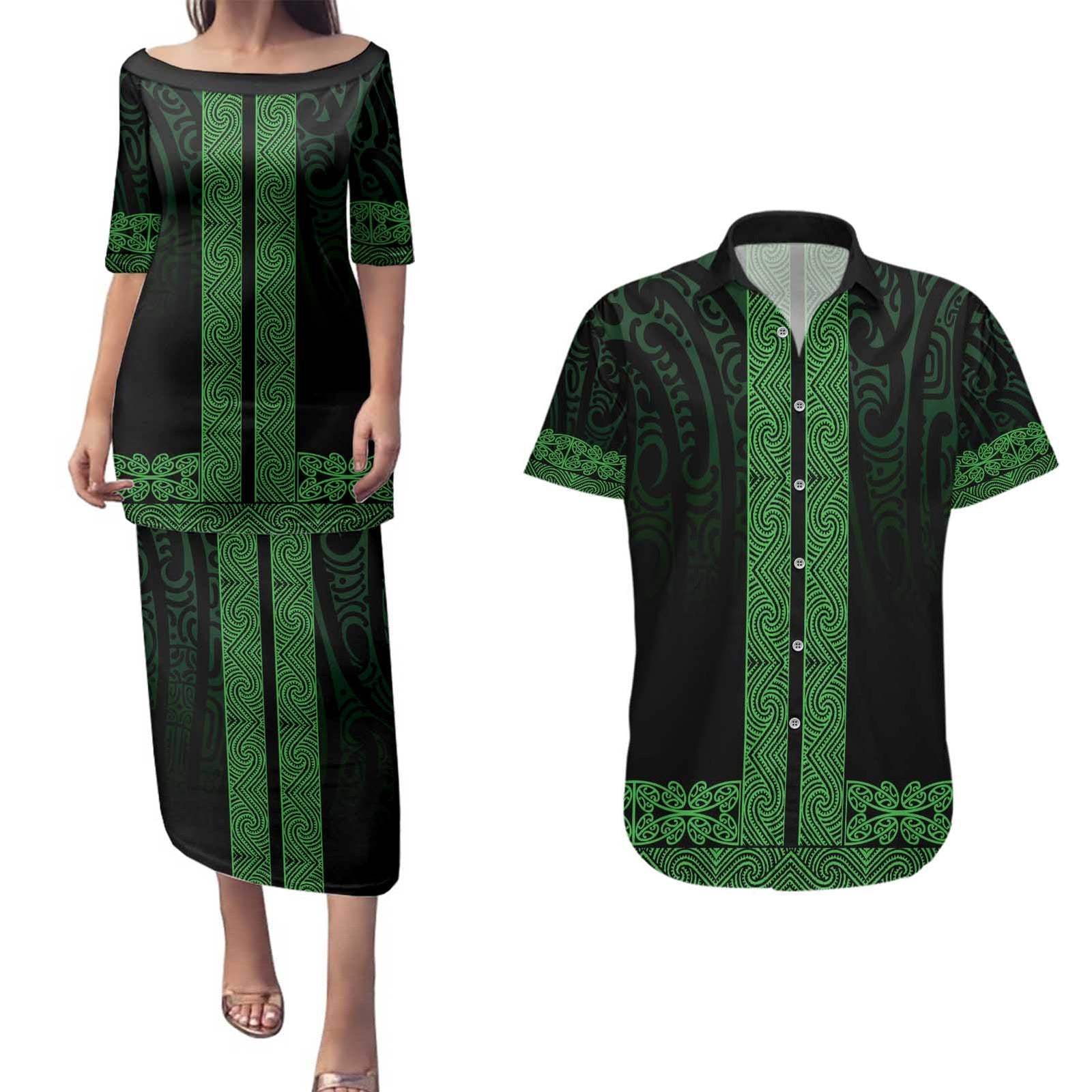 New Zealand Maori Kowhaiwhai Couples Matching Puletasi and Hawaiian Shirt Kakariki Maui and Mangopare