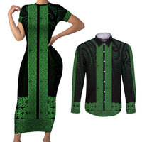 New Zealand Maori Kowhaiwhai Couples Matching Short Sleeve Bodycon Dress and Long Sleeve Button Shirt Kakariki Maui and Mangopare LT9 Green - Polynesian Pride