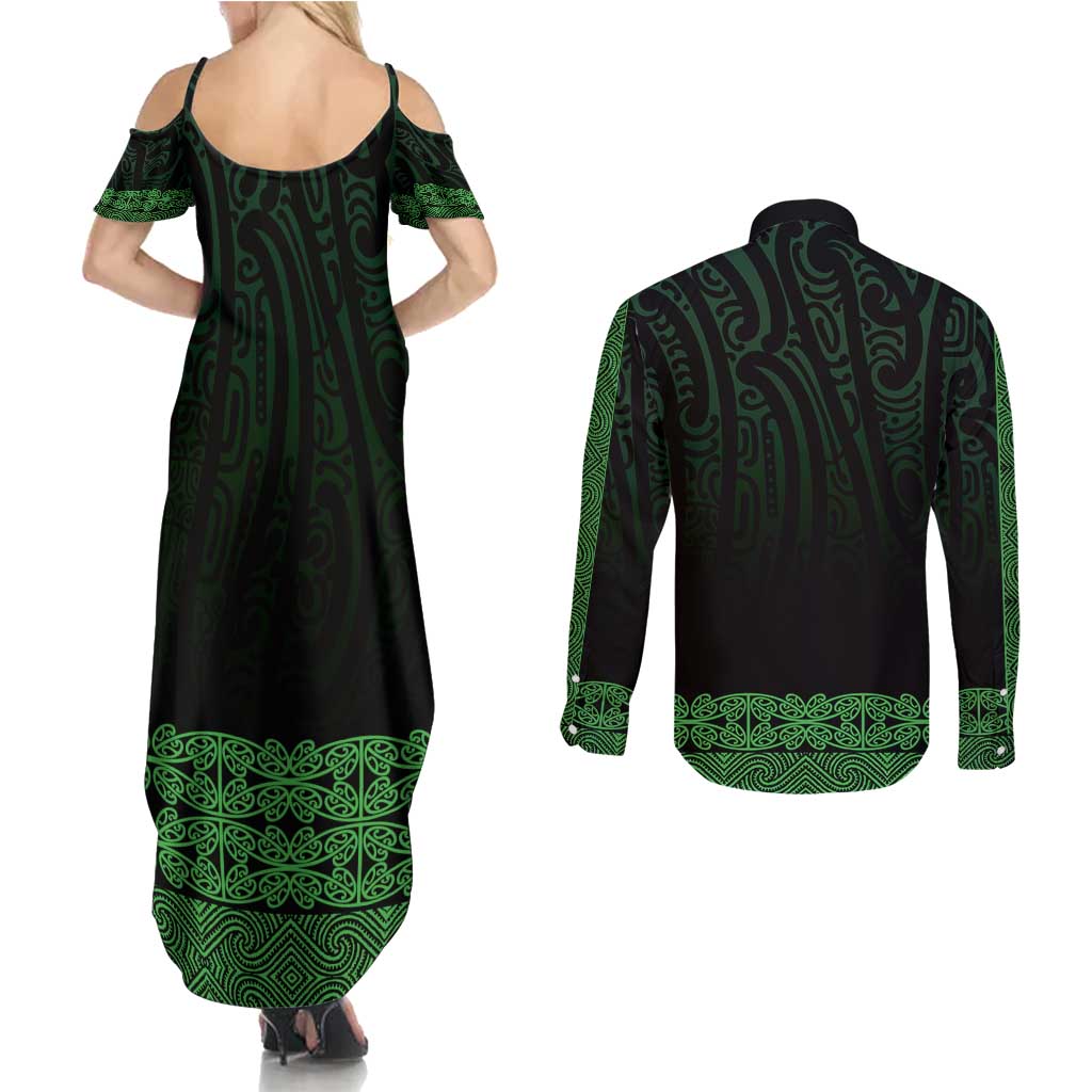 New Zealand Maori Kowhaiwhai Couples Matching Summer Maxi Dress and Long Sleeve Button Shirt Kakariki Maui and Mangopare LT9 - Polynesian Pride