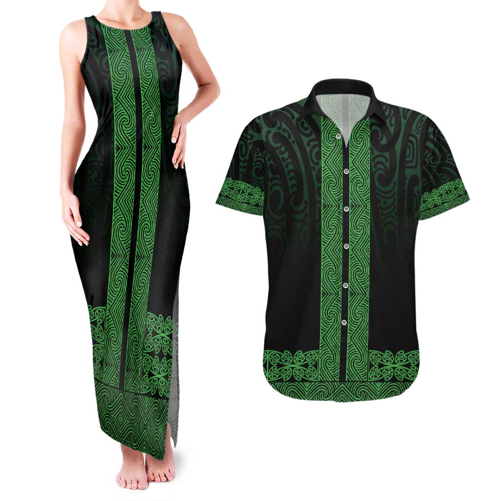 New Zealand Maori Kowhaiwhai Couples Matching Tank Maxi Dress and Hawaiian Shirt Kakariki Maui and Mangopare LT9 Green - Polynesian Pride