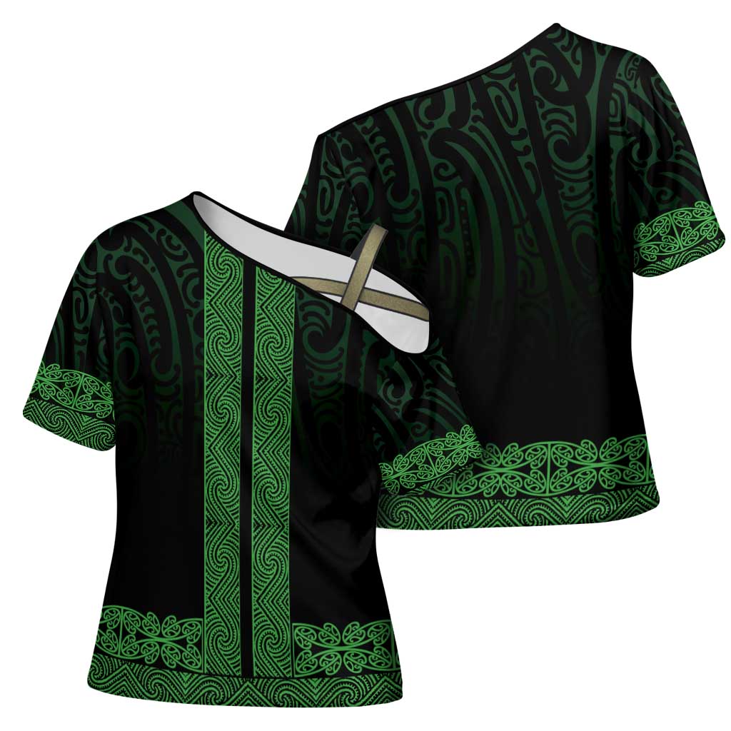 New Zealand Maori Kowhaiwhai Cross Shoulder Shirt Kakariki Maui and Mangopare LT9 - Polynesian Pride