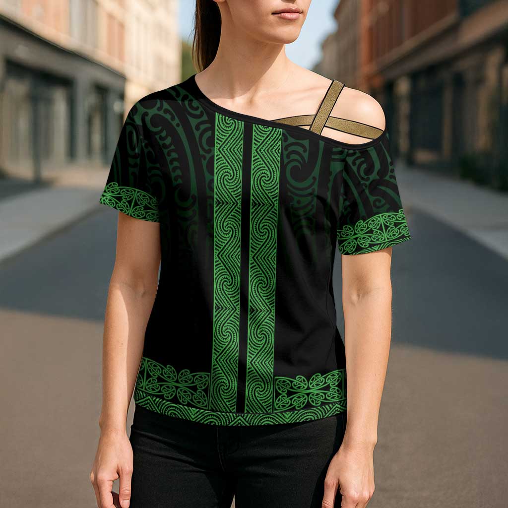 New Zealand Maori Kowhaiwhai Cross Shoulder Shirt Kakariki Maui and Mangopare LT9 - Polynesian Pride