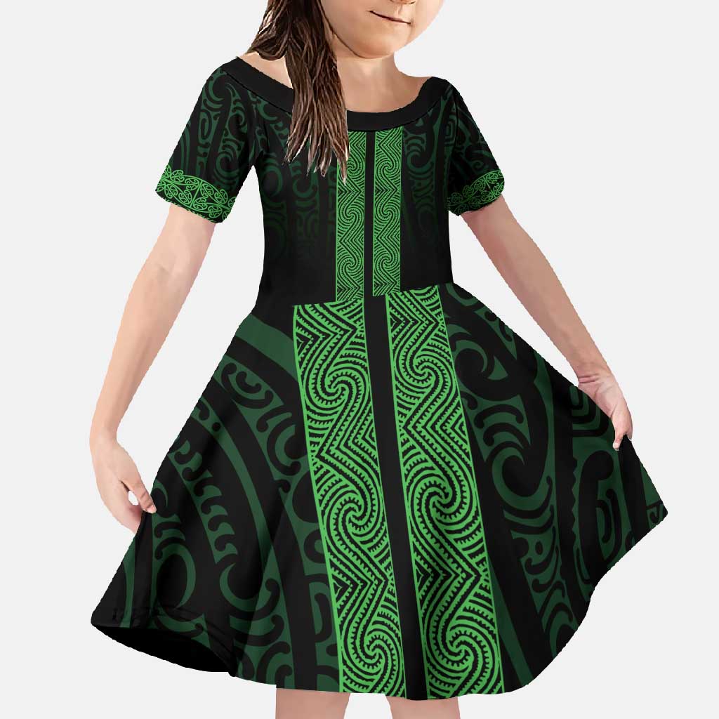 New Zealand Maori Kowhaiwhai Family Matching Mermaid Dress and Hawaiian Shirt Kakariki Maui and Mangopare LT9 Daughter's Dress Green - Polynesian Pride
