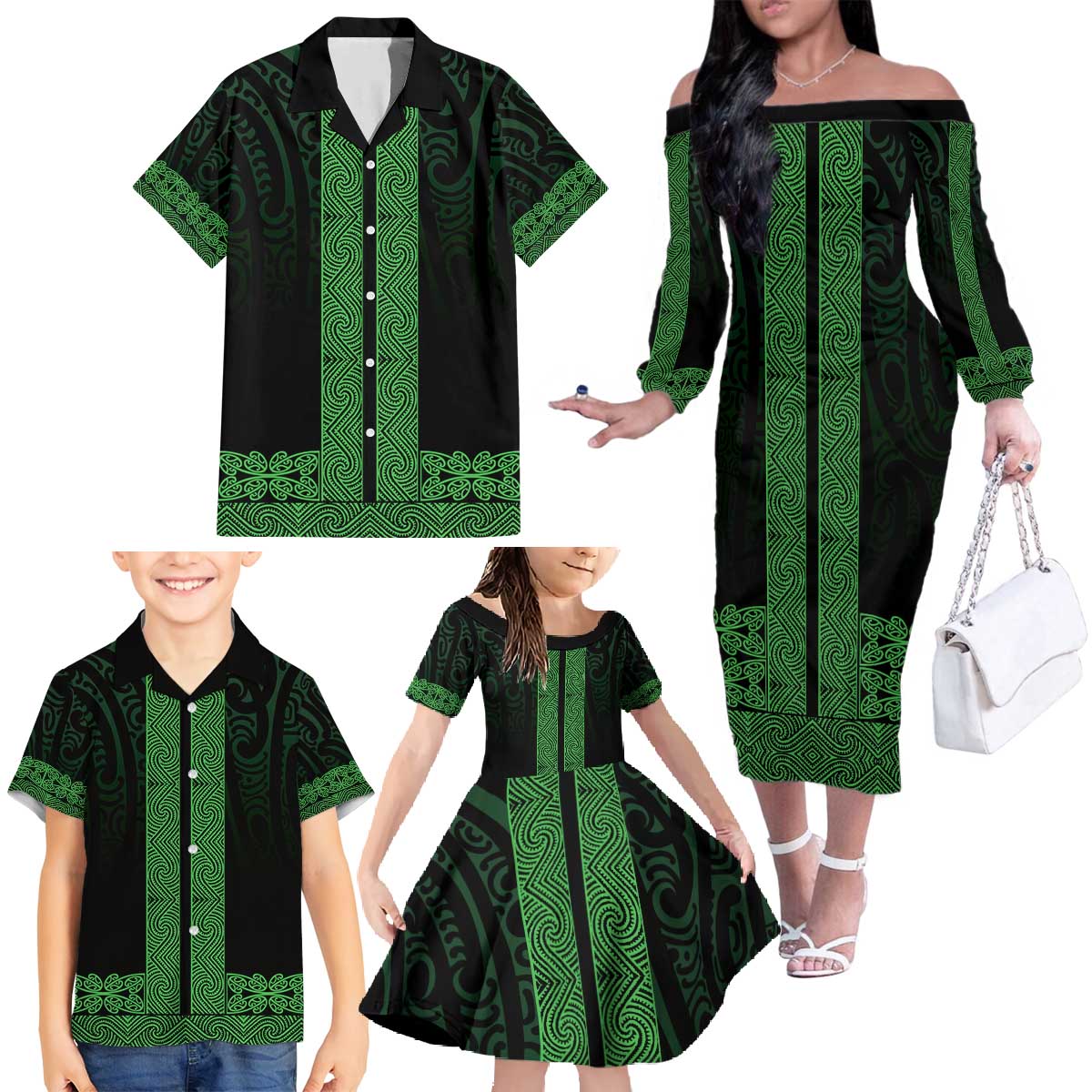 New Zealand Maori Kowhaiwhai Family Matching Off The Shoulder Long Sleeve Dress and Hawaiian Shirt Kakariki Maui and Mangopare LT9 - Polynesian Pride