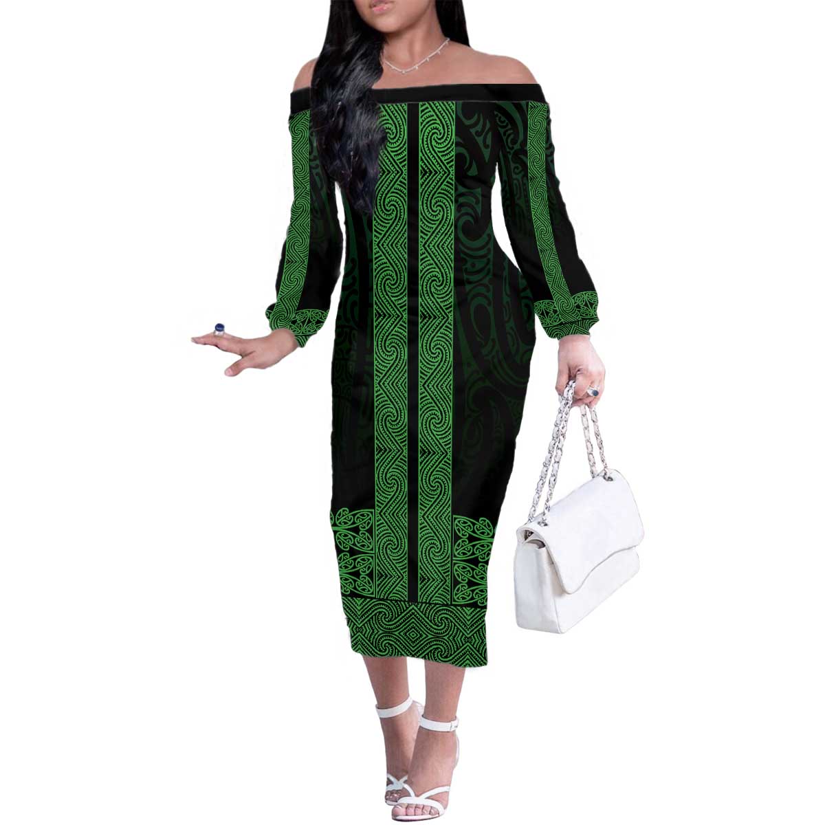 New Zealand Maori Kowhaiwhai Family Matching Off The Shoulder Long Sleeve Dress and Hawaiian Shirt Kakariki Maui and Mangopare LT9 Mom's Dress Green - Polynesian Pride