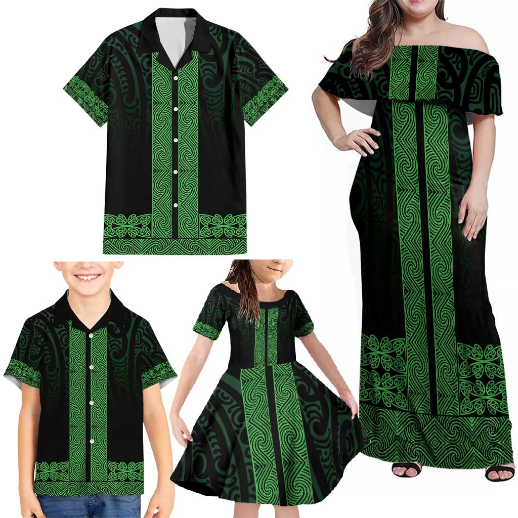 New Zealand Maori Kowhaiwhai Family Matching Off Shoulder Maxi Dress and Hawaiian Shirt Kakariki Maui and Mangopare LT9 - Polynesian Pride