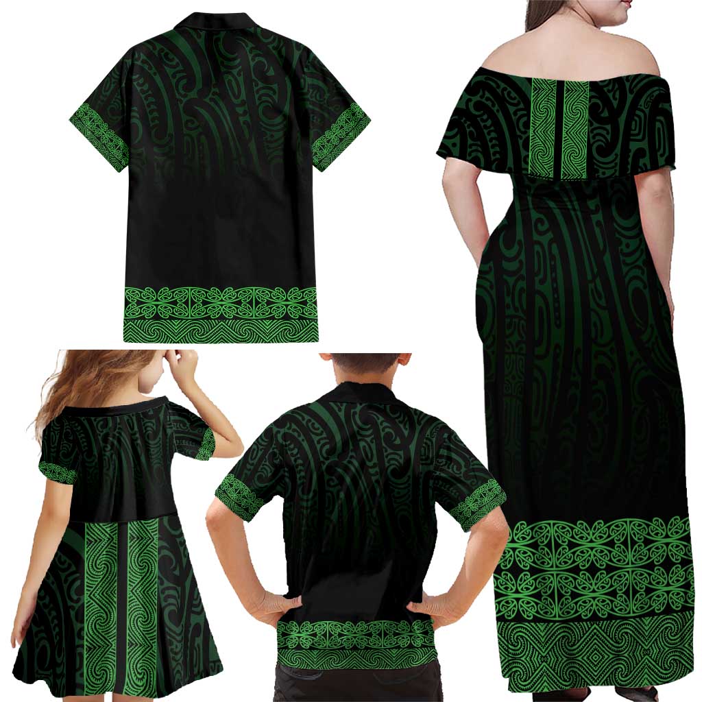 New Zealand Maori Kowhaiwhai Family Matching Off Shoulder Maxi Dress and Hawaiian Shirt Kakariki Maui and Mangopare LT9 - Polynesian Pride
