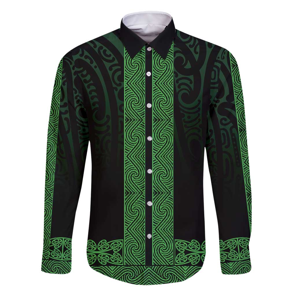 New Zealand Maori Kowhaiwhai Family Matching Off Shoulder Maxi Dress and Hawaiian Shirt Kakariki Maui and Mangopare LT9 Dad's Shirt - Long Sleeve Green - Polynesian Pride