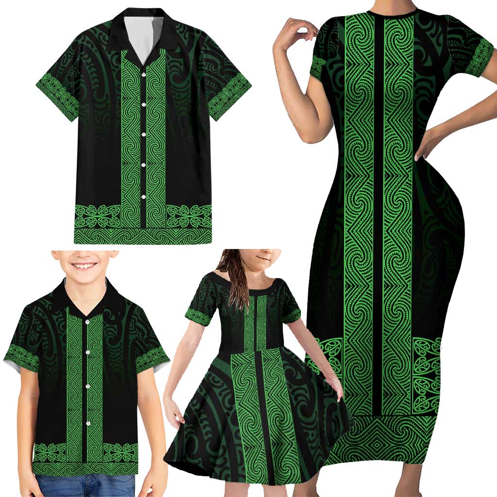 New Zealand Maori Kowhaiwhai Family Matching Short Sleeve Bodycon Dress and Hawaiian Shirt Kakariki Maui and Mangopare LT9 - Polynesian Pride