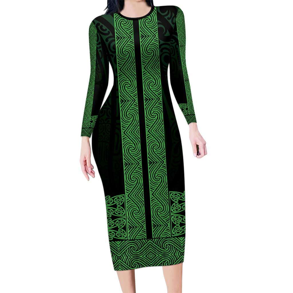 New Zealand Maori Kowhaiwhai Long Sleeve Bodycon Dress Kakariki Maui and Mangopare LT9 Long Dress Green - Polynesian Pride