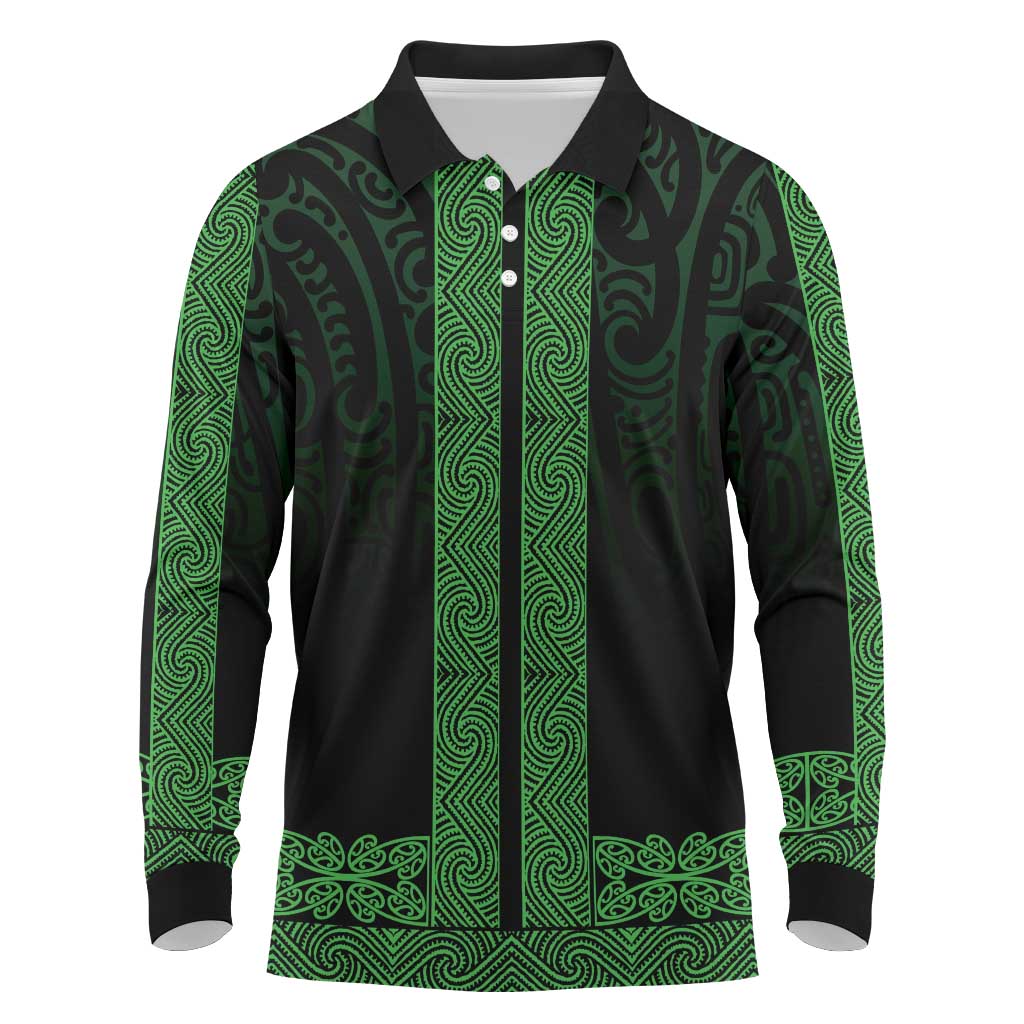 New Zealand Maori Kowhaiwhai Long Sleeve Polo Shirt Kakariki Maui and Mangopare LT9 Green - Polynesian Pride