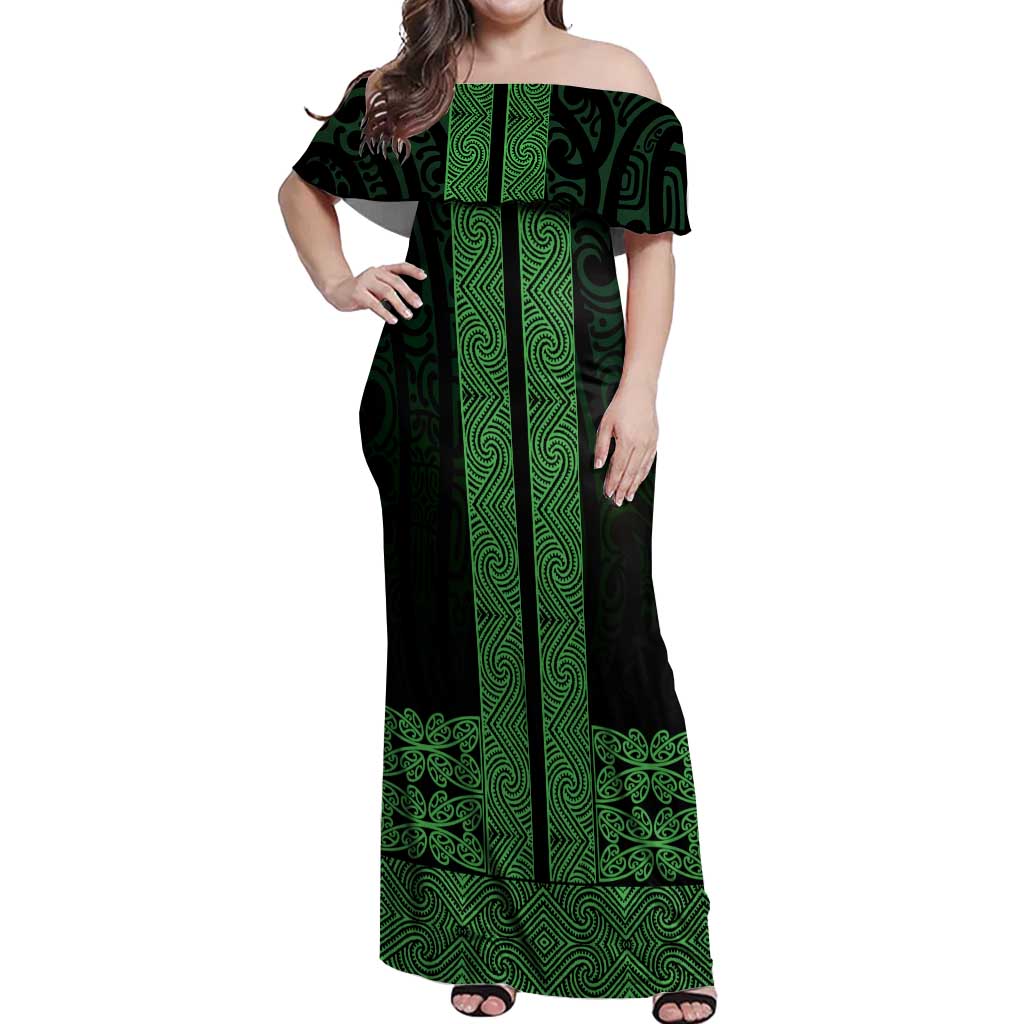 New Zealand Maori Kowhaiwhai Off Shoulder Maxi Dress Kakariki Maui and Mangopare LT9 Women Green - Polynesian Pride