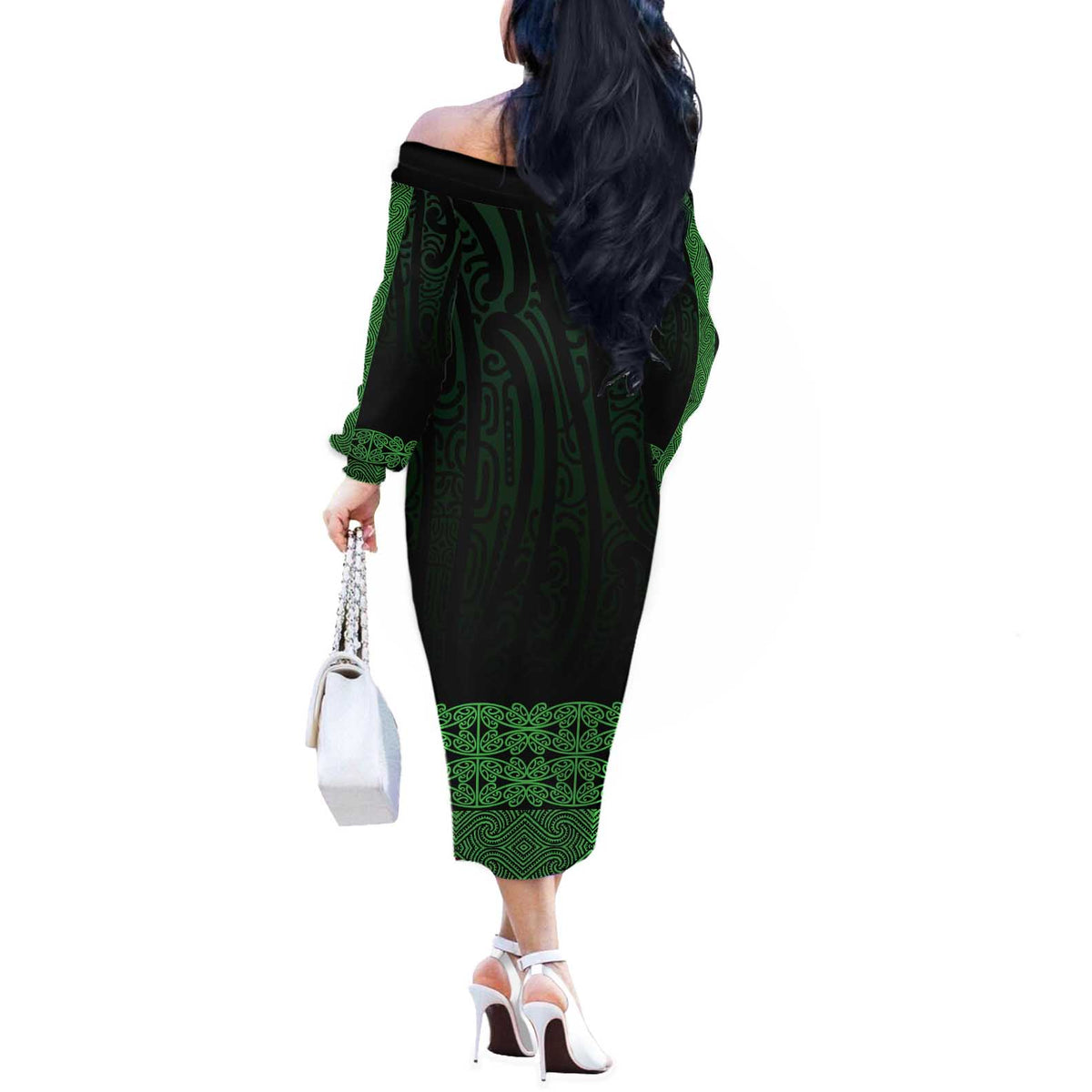 New Zealand Maori Kowhaiwhai Off The Shoulder Long Sleeve Dress Kakariki Maui and Mangopare LT9 - Polynesian Pride