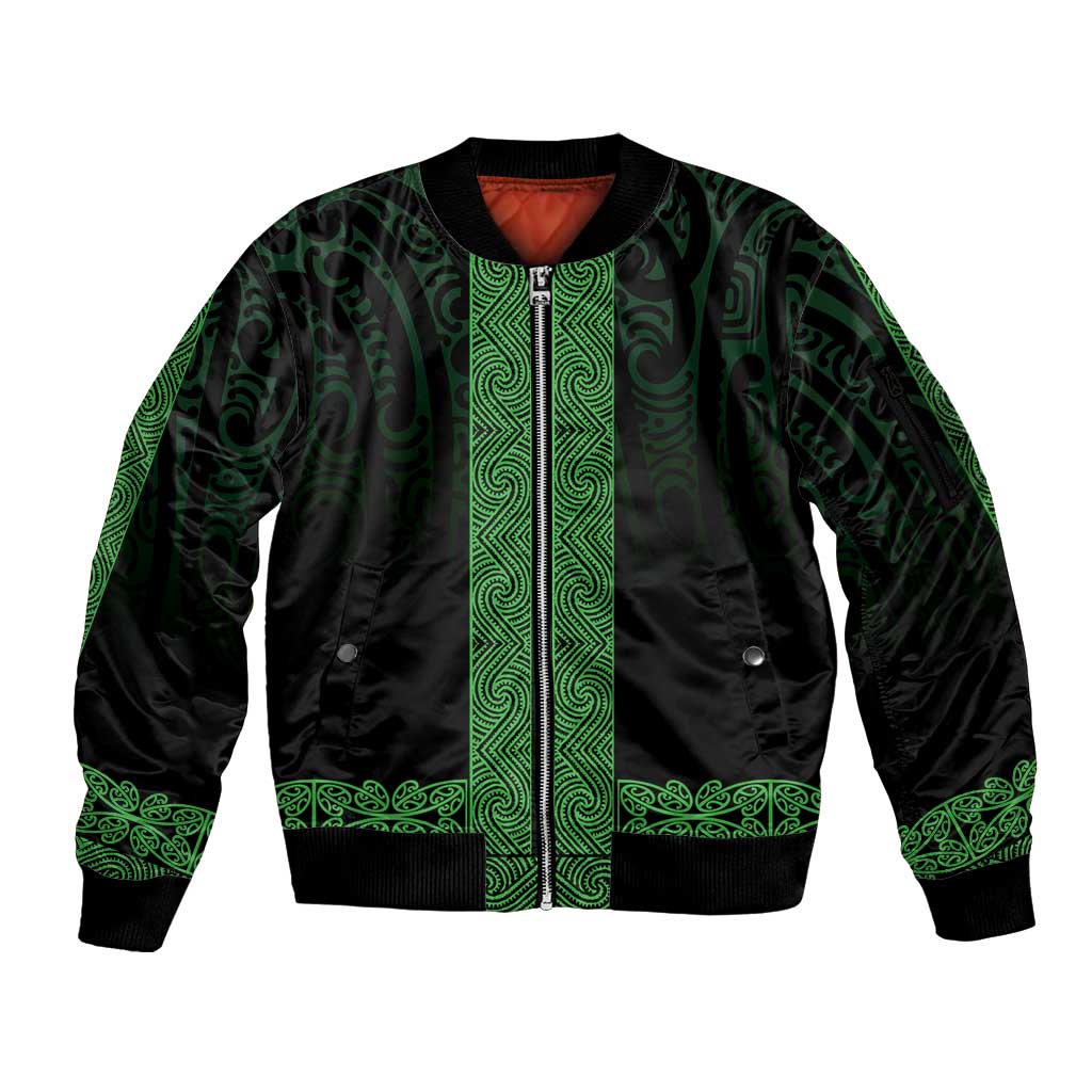 New Zealand Maori Kowhaiwhai Sleeve Zip Bomber Jacket Kakariki Maui and Mangopare LT9 Unisex Green - Polynesian Pride