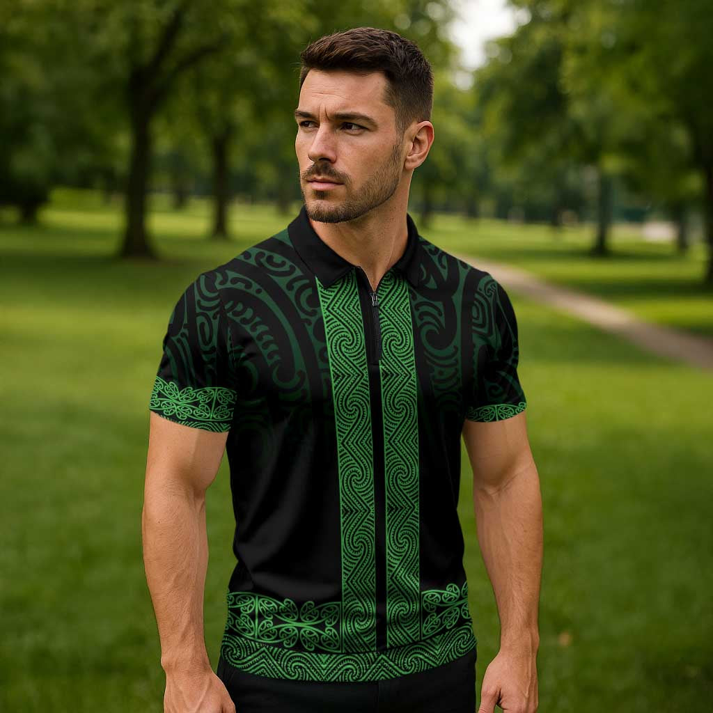 New Zealand Maori Kowhaiwhai Zipper Polo Shirt Kakariki Maui and Mangopare LT9 - Polynesian Pride
