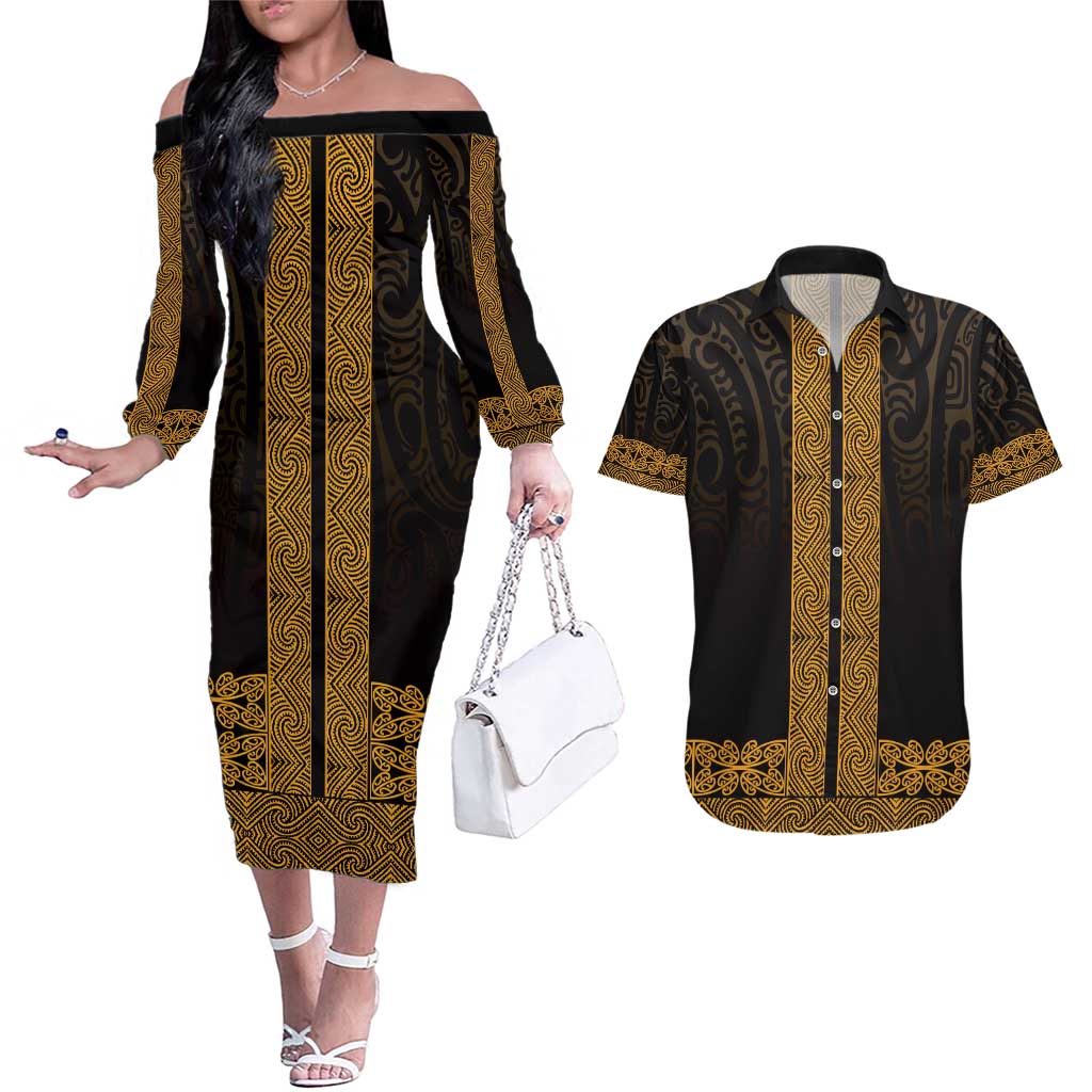 New Zealand Maori Kowhaiwhai Couples Matching Off The Shoulder Long Sleeve Dress and Hawaiian Shirt Karaka Maui and Mangopare