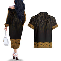 New Zealand Maori Kowhaiwhai Couples Matching Off The Shoulder Long Sleeve Dress and Hawaiian Shirt Karaka Maui and Mangopare LT9 - Polynesian Pride