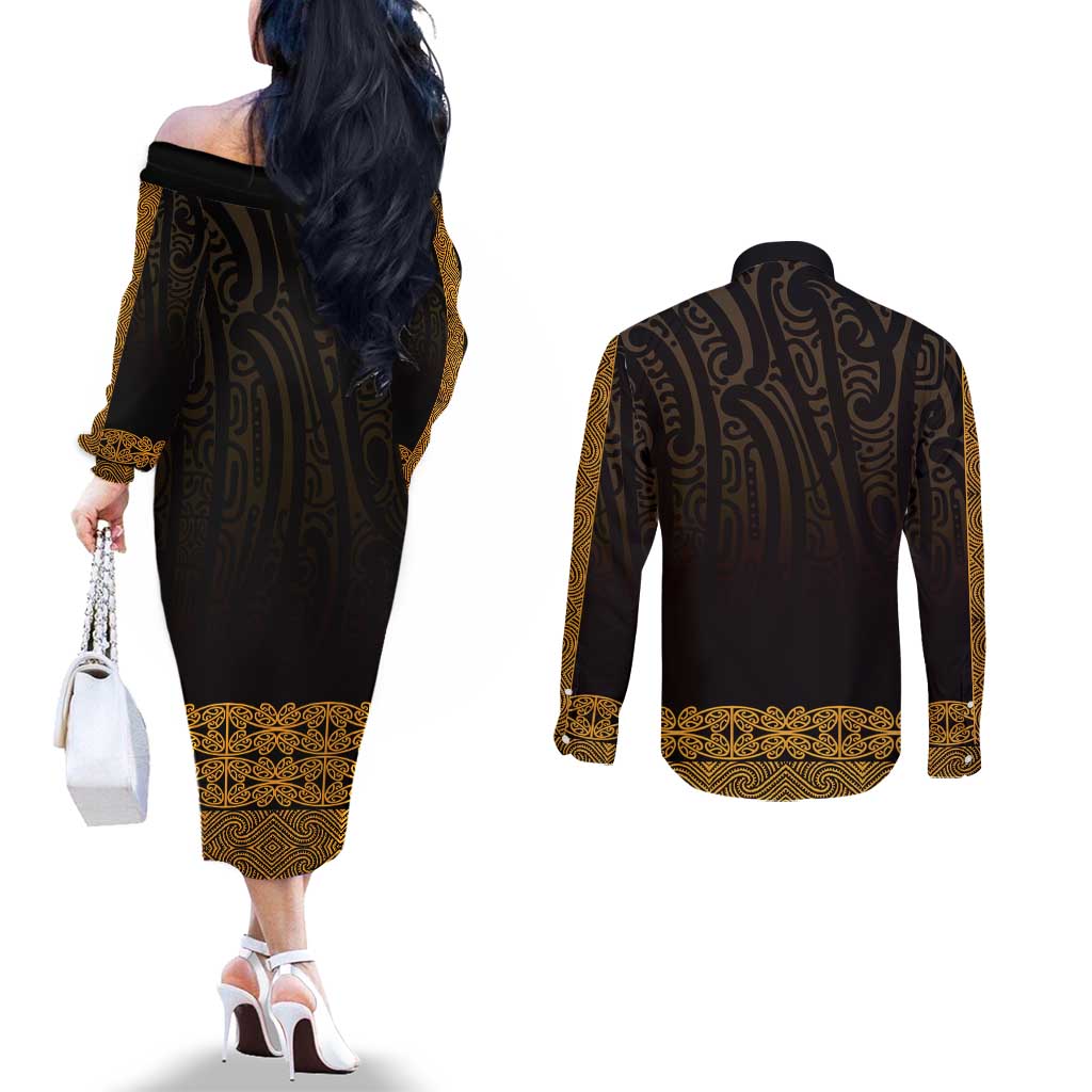 New Zealand Maori Kowhaiwhai Couples Matching Off The Shoulder Long Sleeve Dress and Long Sleeve Button Shirt Karaka Maui and Mangopare LT9 - Polynesian Pride