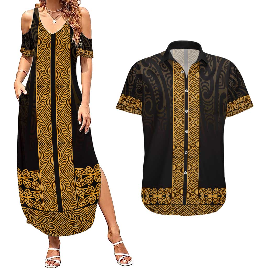 New Zealand Maori Kowhaiwhai Couples Matching Summer Maxi Dress and Hawaiian Shirt Karaka Maui and Mangopare LT9 Gold - Polynesian Pride