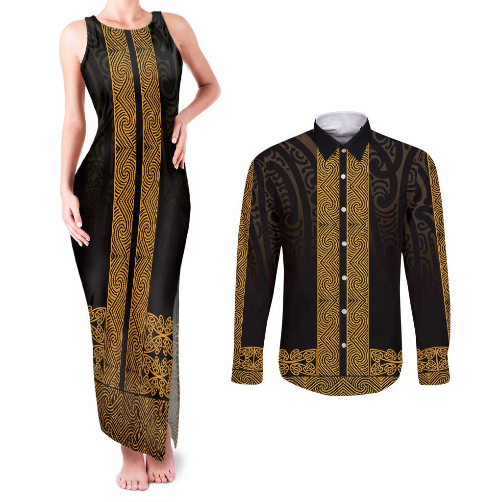New Zealand Maori Kowhaiwhai Couples Matching Tank Maxi Dress and Long Sleeve Button Shirt Karaka Maui and Mangopare LT9 Gold - Polynesian Pride