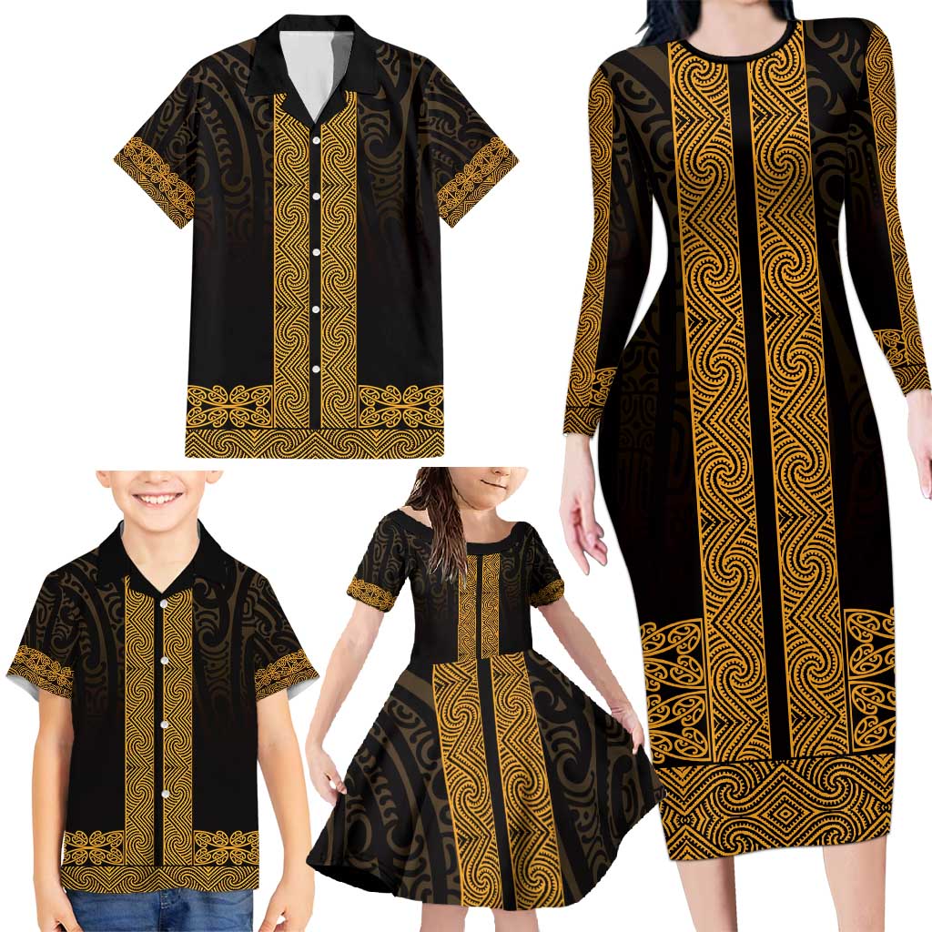 New Zealand Maori Kowhaiwhai Family Matching Long Sleeve Bodycon Dress and Hawaiian Shirt Karaka Maui and Mangopare LT9 - Polynesian Pride