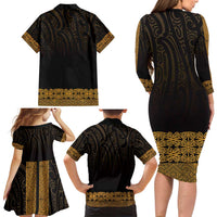 New Zealand Maori Kowhaiwhai Family Matching Long Sleeve Bodycon Dress and Hawaiian Shirt Karaka Maui and Mangopare LT9 - Polynesian Pride