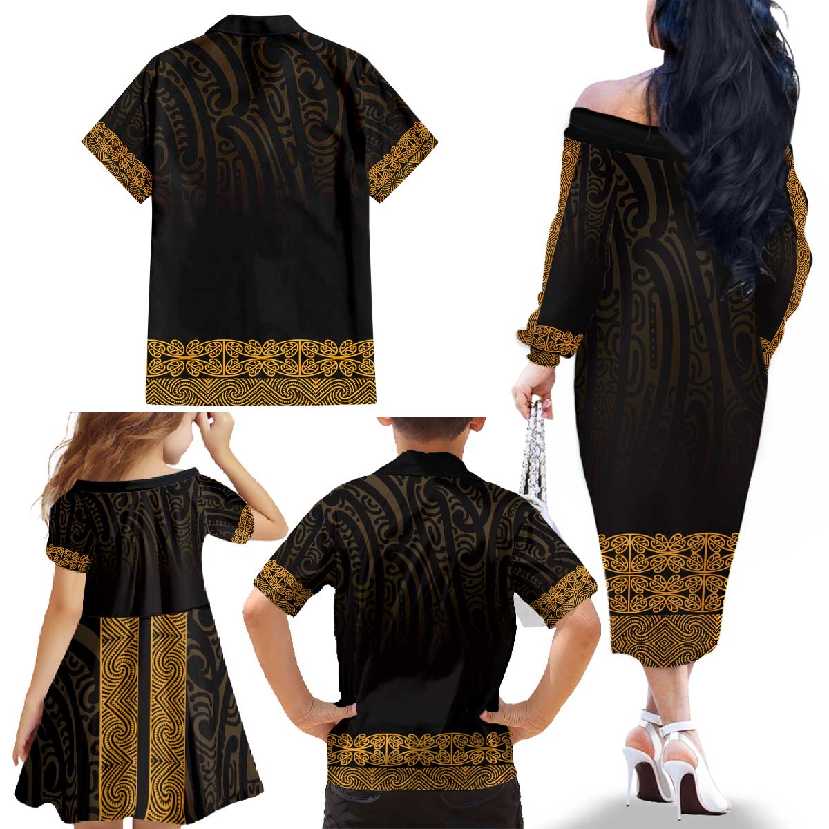 New Zealand Maori Kowhaiwhai Family Matching Off The Shoulder Long Sleeve Dress and Hawaiian Shirt Karaka Maui and Mangopare LT9 - Polynesian Pride