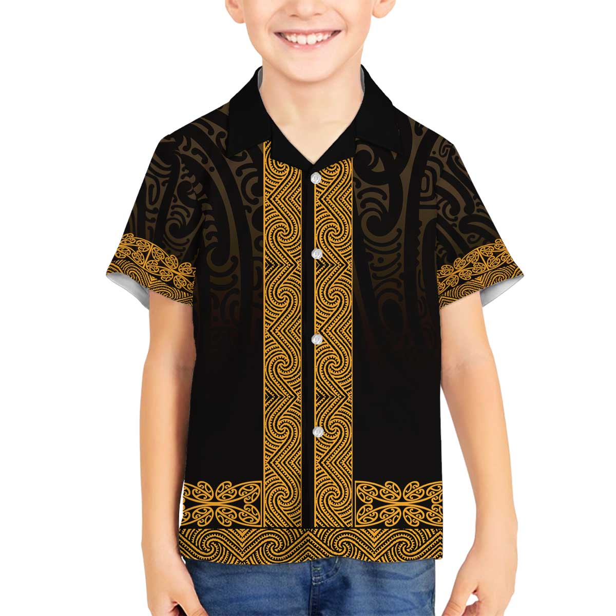 New Zealand Maori Kowhaiwhai Family Matching Off The Shoulder Long Sleeve Dress and Hawaiian Shirt Karaka Maui and Mangopare LT9 Son's Shirt Gold - Polynesian Pride