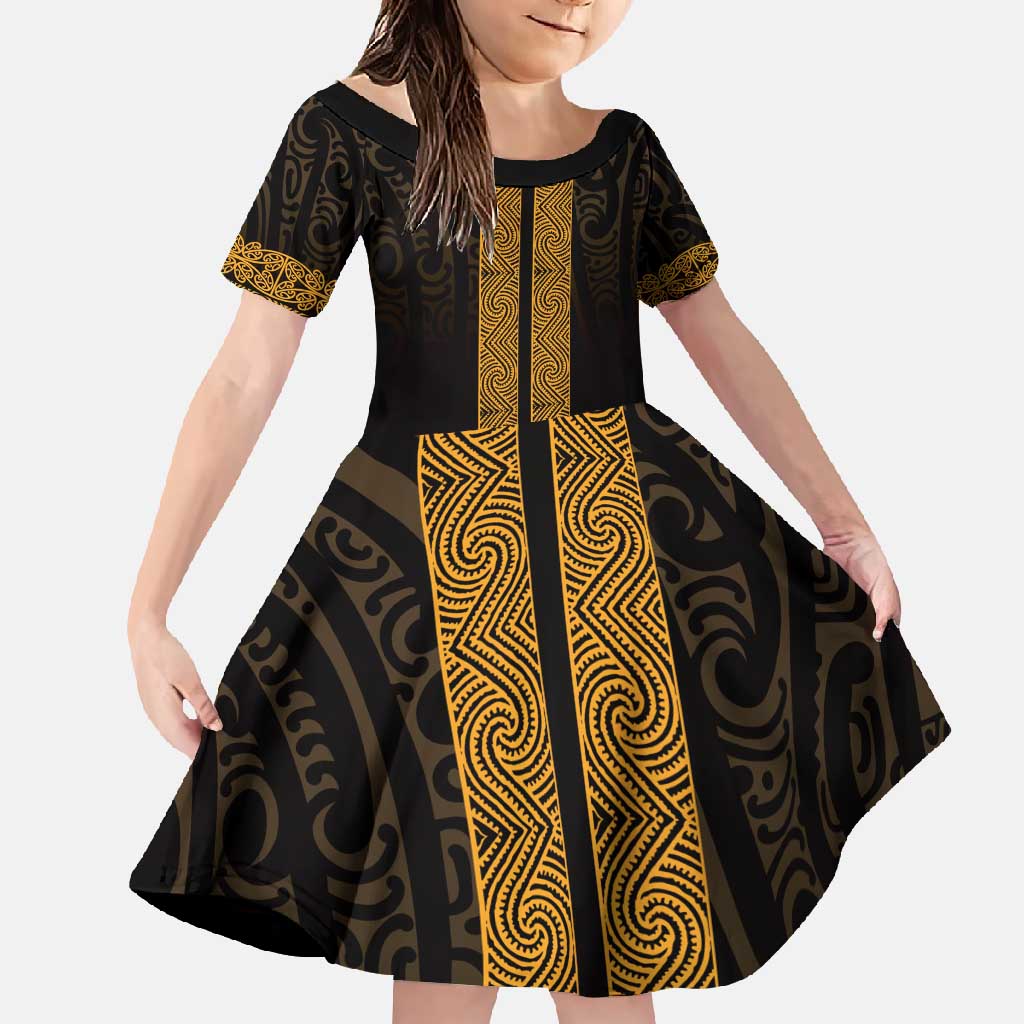 New Zealand Maori Kowhaiwhai Family Matching Off Shoulder Maxi Dress and Hawaiian Shirt Karaka Maui and Mangopare LT9 Daughter's Dress Gold - Polynesian Pride