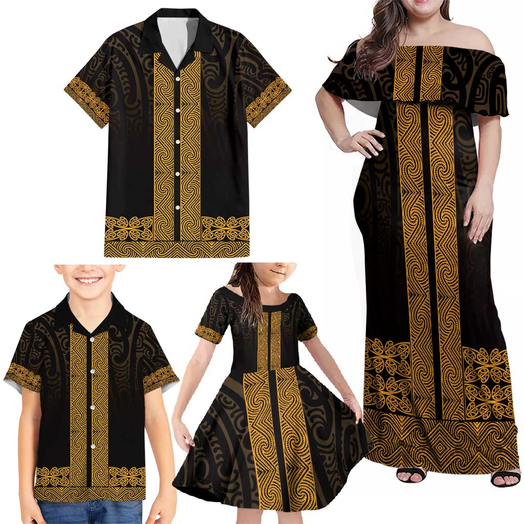 New Zealand Maori Kowhaiwhai Family Matching Off Shoulder Maxi Dress and Hawaiian Shirt Karaka Maui and Mangopare LT9 - Polynesian Pride