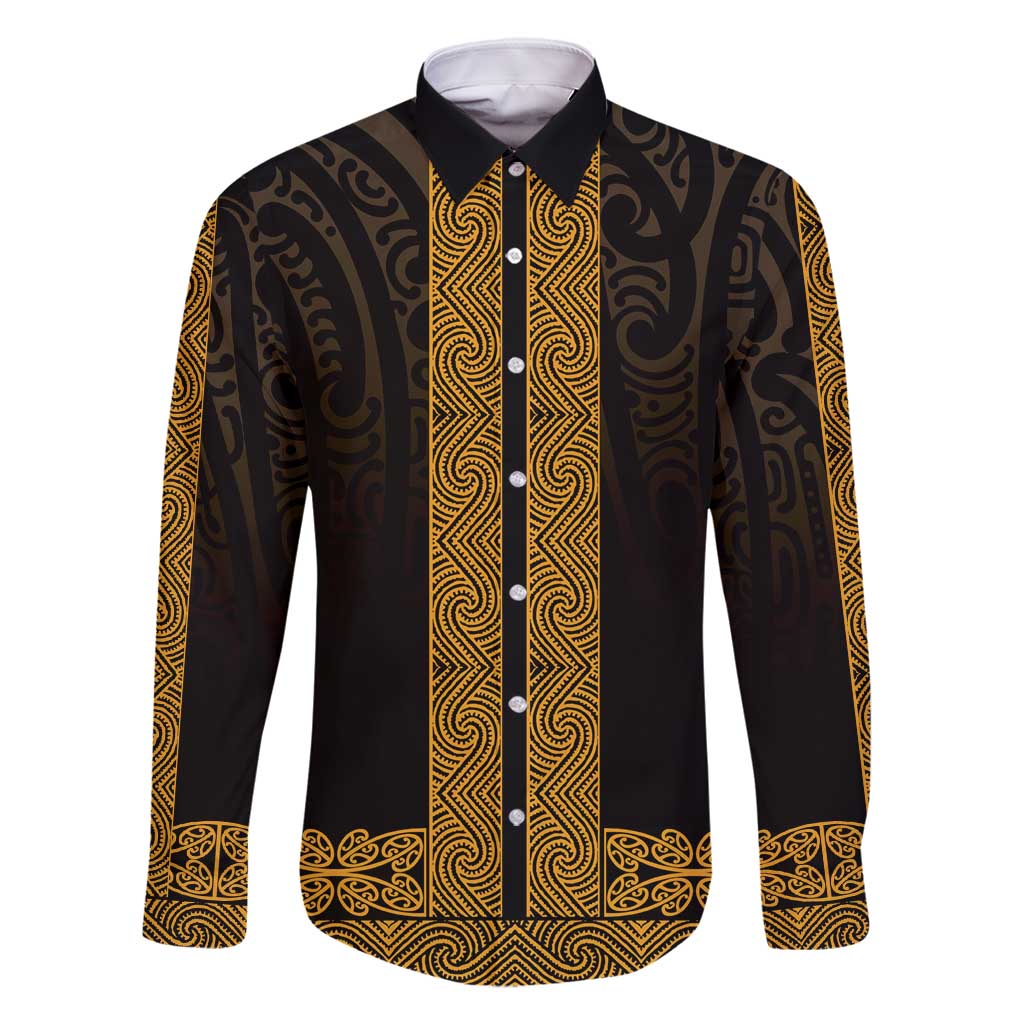 New Zealand Maori Kowhaiwhai Family Matching Off Shoulder Maxi Dress and Hawaiian Shirt Karaka Maui and Mangopare LT9 Dad's Shirt - Long Sleeve Gold - Polynesian Pride