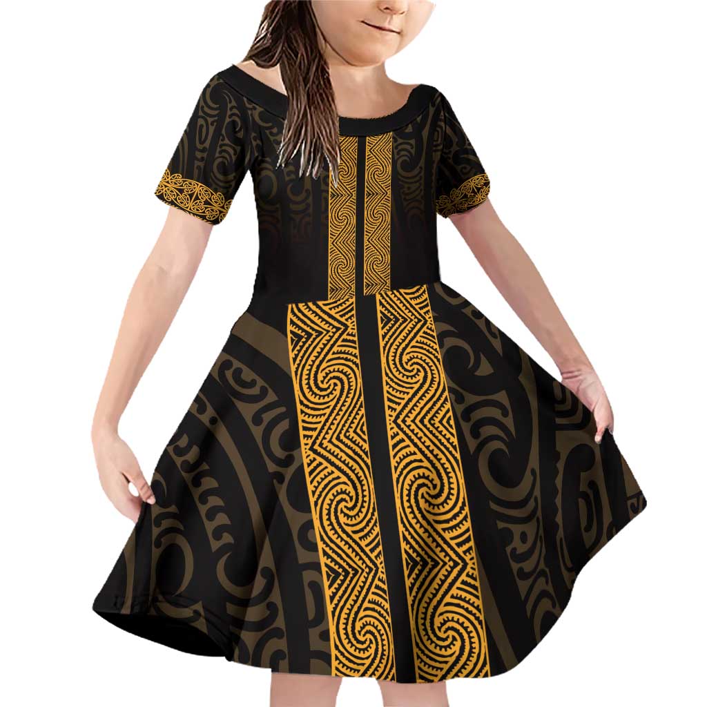 New Zealand Maori Kowhaiwhai Family Matching Off Shoulder Short Dress and Hawaiian Shirt Karaka Maui and Mangopare LT9 Daughter's Dress Gold - Polynesian Pride
