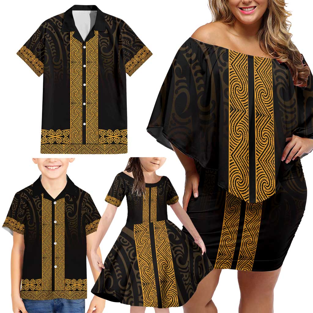 New Zealand Maori Kowhaiwhai Family Matching Off Shoulder Short Dress and Hawaiian Shirt Karaka Maui and Mangopare LT9 - Polynesian Pride