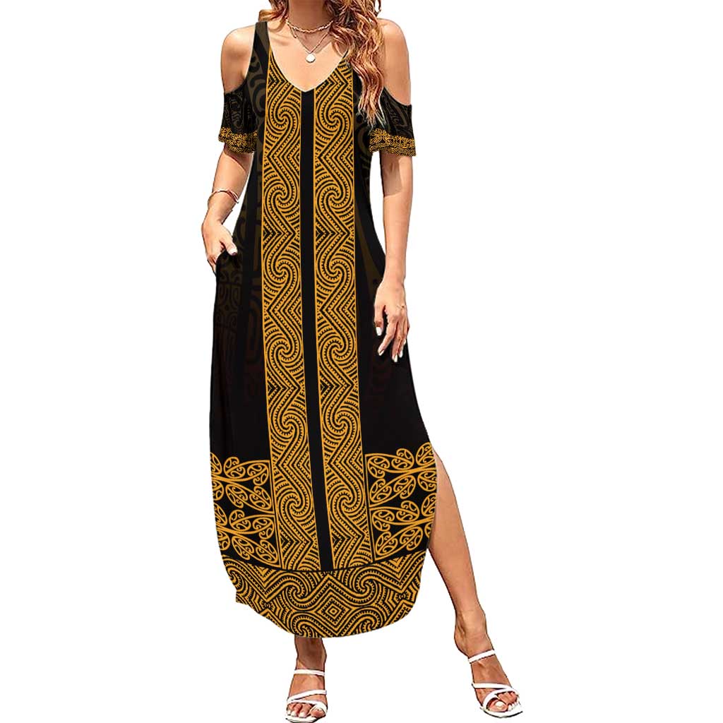 New Zealand Maori Kowhaiwhai Family Matching Summer Maxi Dress and Hawaiian Shirt Karaka Maui and Mangopare LT9 Mom's Dress Gold - Polynesian Pride