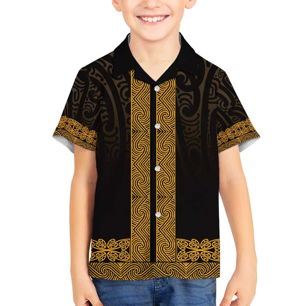 New Zealand Maori Kowhaiwhai Family Matching Tank Maxi Dress and Hawaiian Shirt Karaka Maui and Mangopare LT9 Son's Shirt Gold - Polynesian Pride
