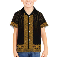 New Zealand Maori Kowhaiwhai Family Matching Tank Maxi Dress and Hawaiian Shirt Karaka Maui and Mangopare LT9 Son's Shirt Gold - Polynesian Pride