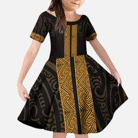 New Zealand Maori Kowhaiwhai Kid Short Sleeve Dress Karaka Maui and Mangopare LT9 KID Gold - Polynesian Pride