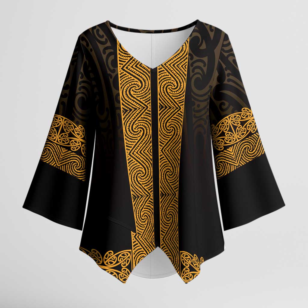 New Zealand Maori Kowhaiwhai Kimono Sleeve Blouse Karaka Maui and Mangopare LT9 Female Gold - Polynesian Pride