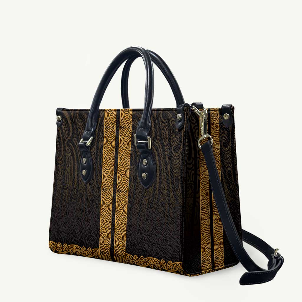 New Zealand Maori Kowhaiwhai Leather Bag Karaka Maui and Mangopare LT9 Gold - Polynesian Pride